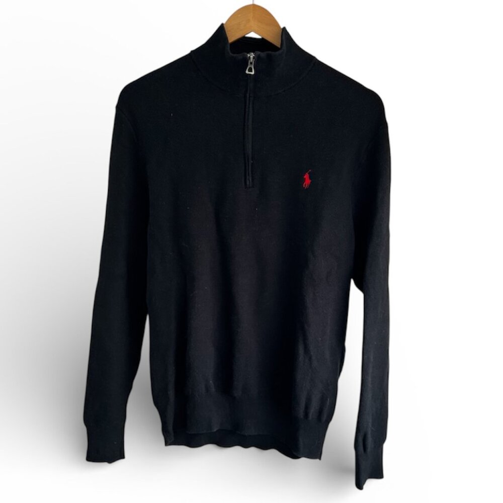Polo Ralph Lauren Men’s Black Mesh-Knit Cotton Quarter-Zip Sweater - Size Large